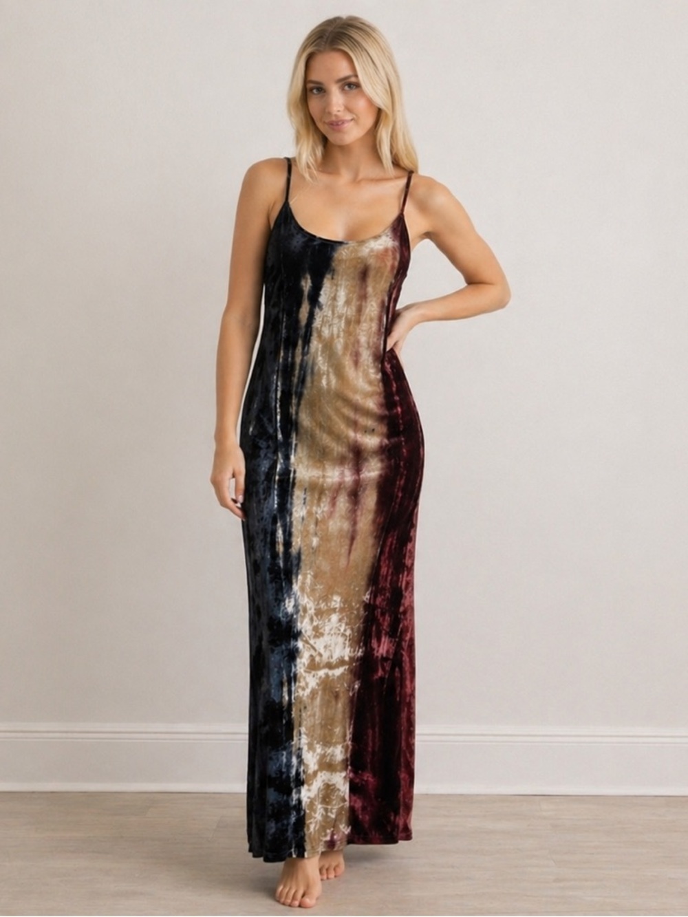 Chaser NWT Silk Blend Maxi Dress Large Velvet Tie Dye Slip Dress Boho Chic
